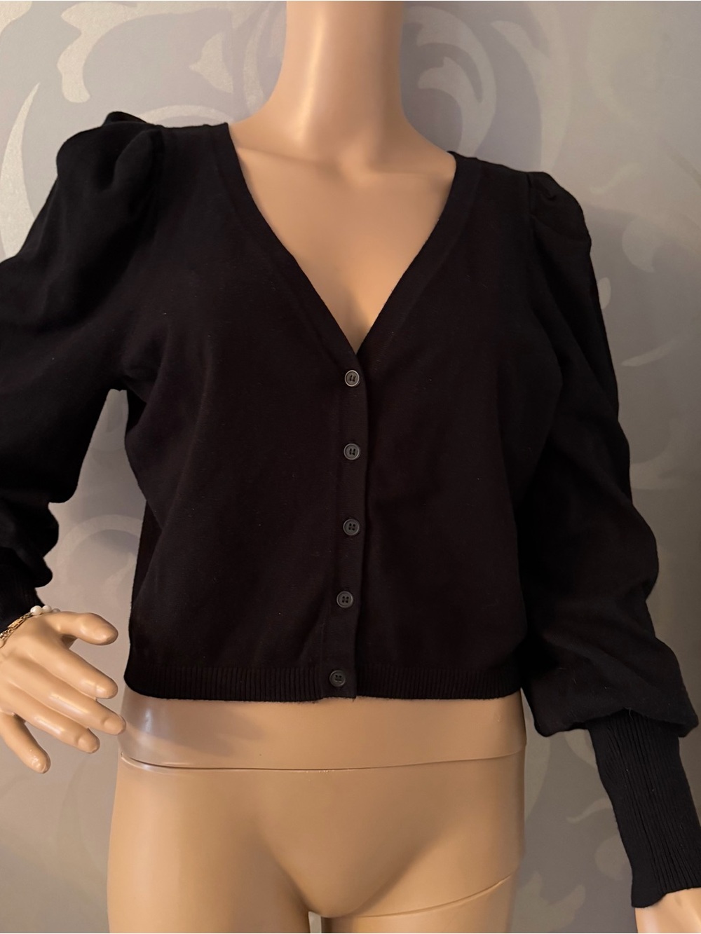 Aqua Black V-Neck Button Front Puff Sleeve Sweater
